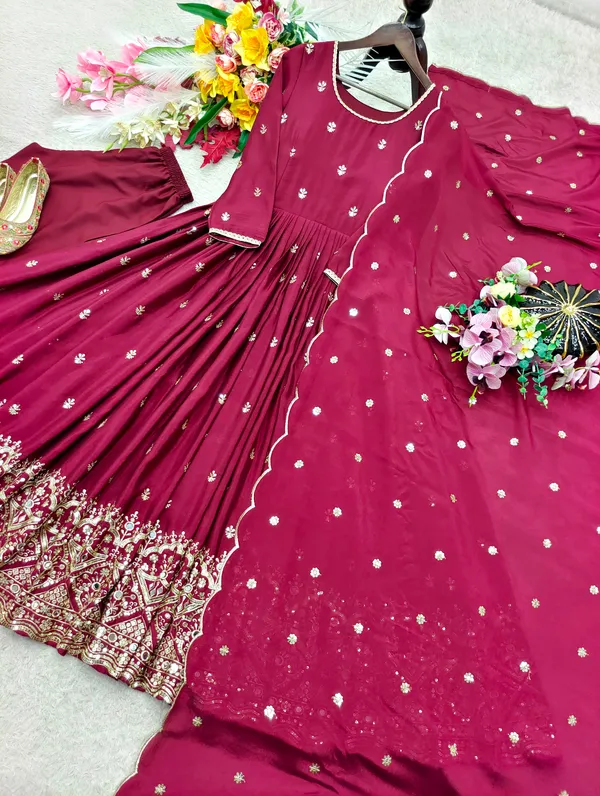 Trending_Cinon_Silk_Gown_Pent_Dupatta_Set