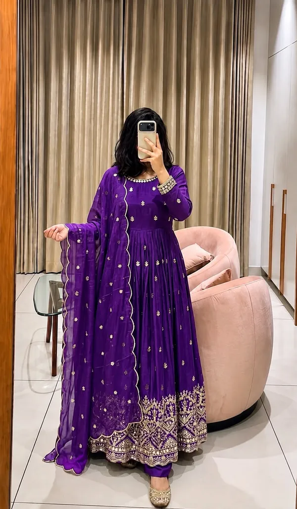 Trending_Cinon_Silk_Gown_Pent_Dupatta_Set