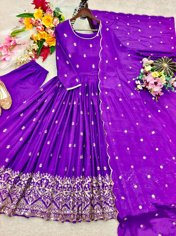 Trending_Cinon_Silk_Gown_Pent_Dupatta_Set
