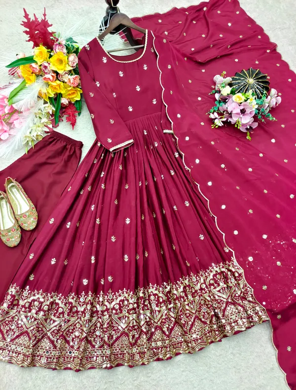 Trending_Cinon_Silk_Gown_Pent_Dupatta_Set