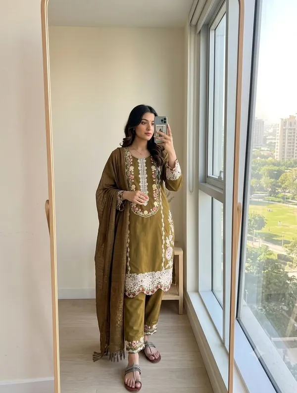 Stunning_Olive_Green_Satin_Kurti_Set_With_Ready_Made_Lace_On_Dupatta