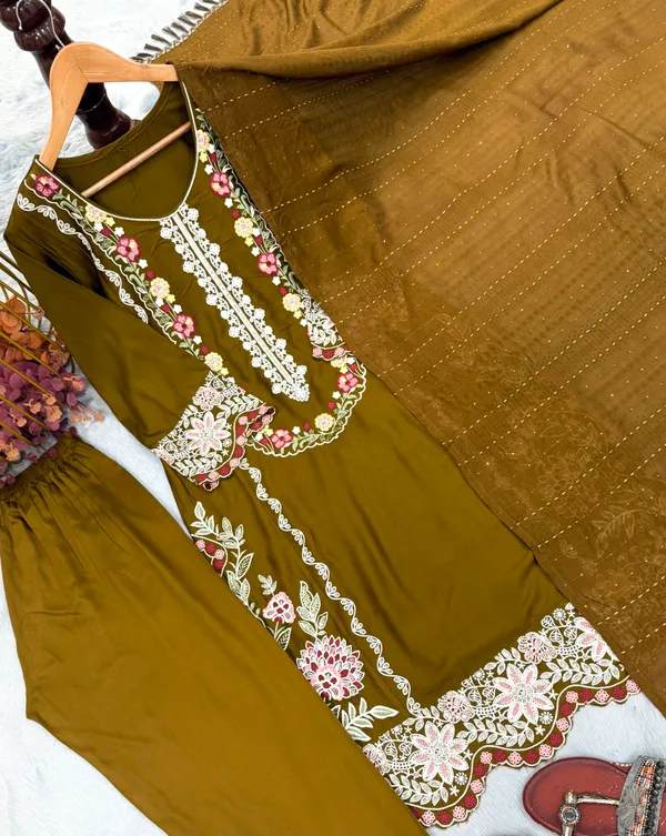 Stunning_Olive_Green_Satin_Kurti_Set_With_Ready_Made_Lace_On_Dupatta