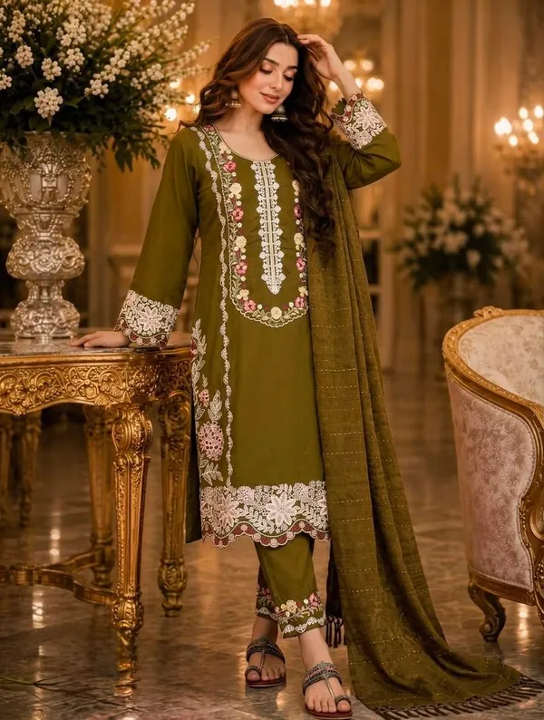 Stunning_Olive_Green_Satin_Kurti_Set_With_Ready_Made_Lace_On_Dupatta
