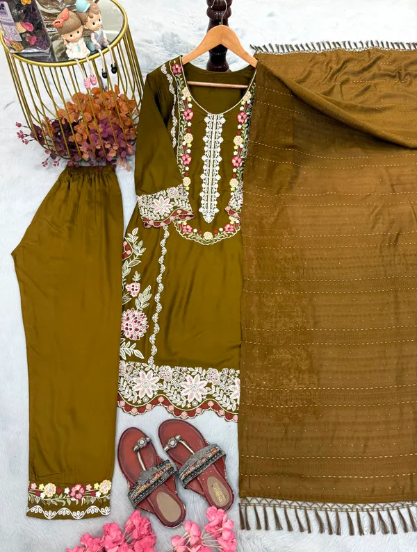 Stunning_Olive_Green_Satin_Kurti_Set_With_Ready_Made_Lace_On_Dupatta