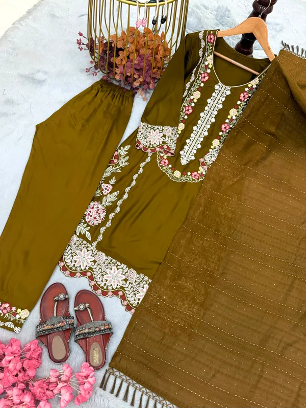 Stunning_Olive_Green_Satin_Kurti_Set_With_Ready_Made_Lace_On_Dupatta