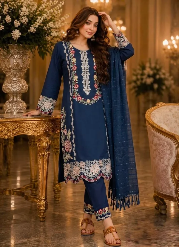 Majestic_Blue_Satin_Rayon_Kurti_Set_With_Bottom_And_Dupatta
