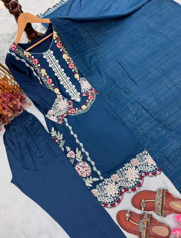 Majestic_Blue_Satin_Rayon_Kurti_Set_With_Bottom_And_Dupatta