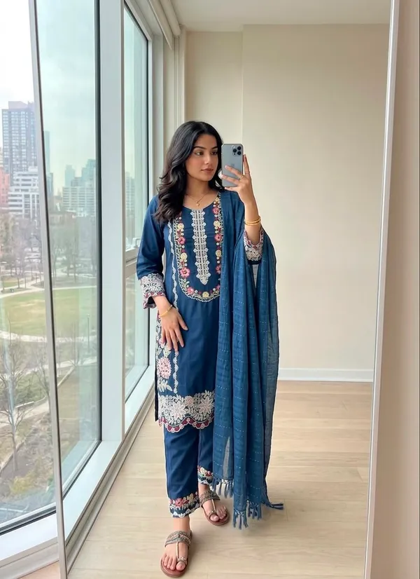 Majestic_Blue_Satin_Rayon_Kurti_Set_With_Bottom_And_Dupatta