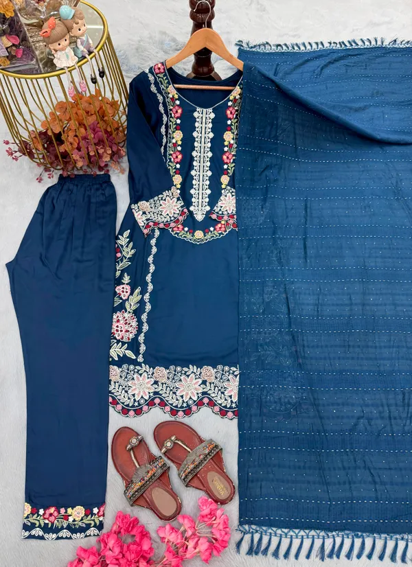 Majestic_Blue_Satin_Rayon_Kurti_Set_With_Bottom_And_Dupatta