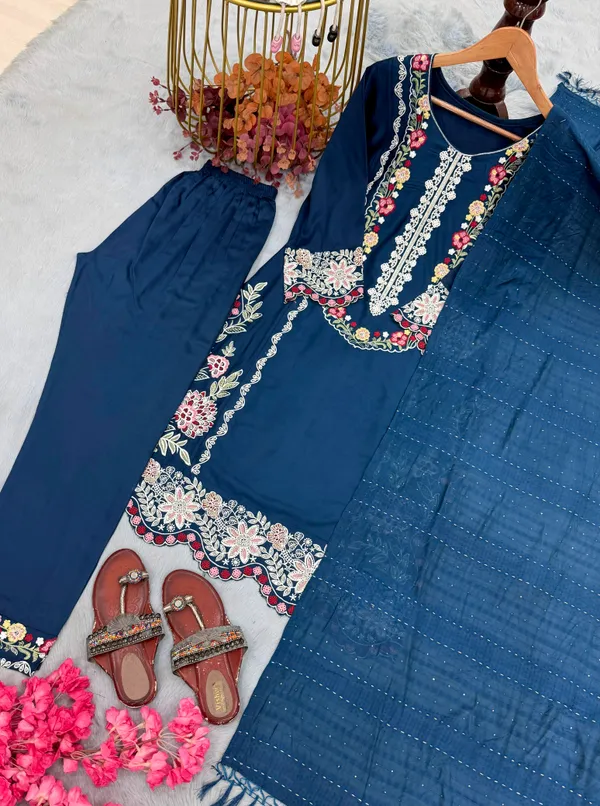 Majestic_Blue_Satin_Rayon_Kurti_Set_With_Bottom_And_Dupatta