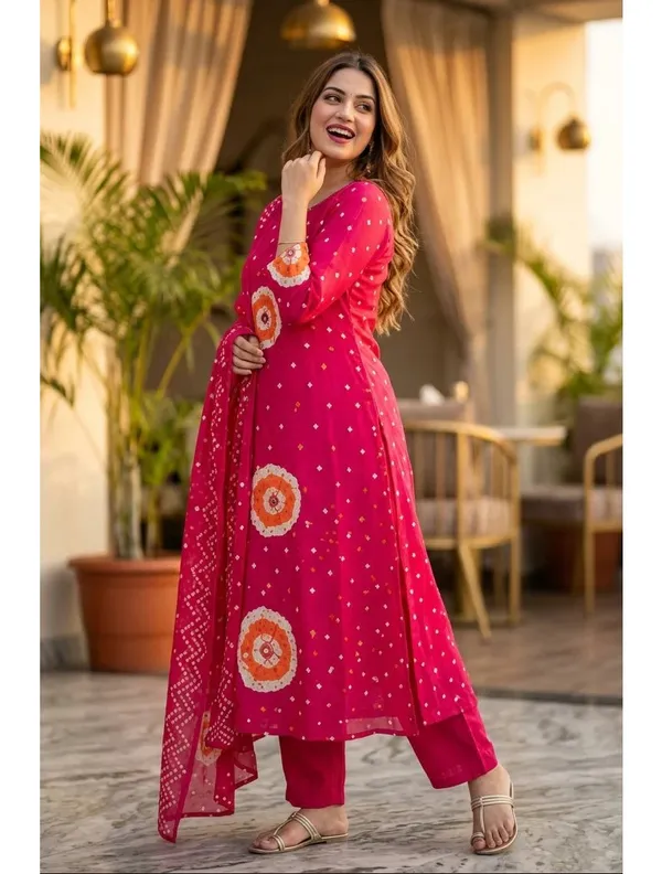 Magenta_Bandhani_Print_Straight_Fit_Cotton_Kurti_Pant_with_Dupatta