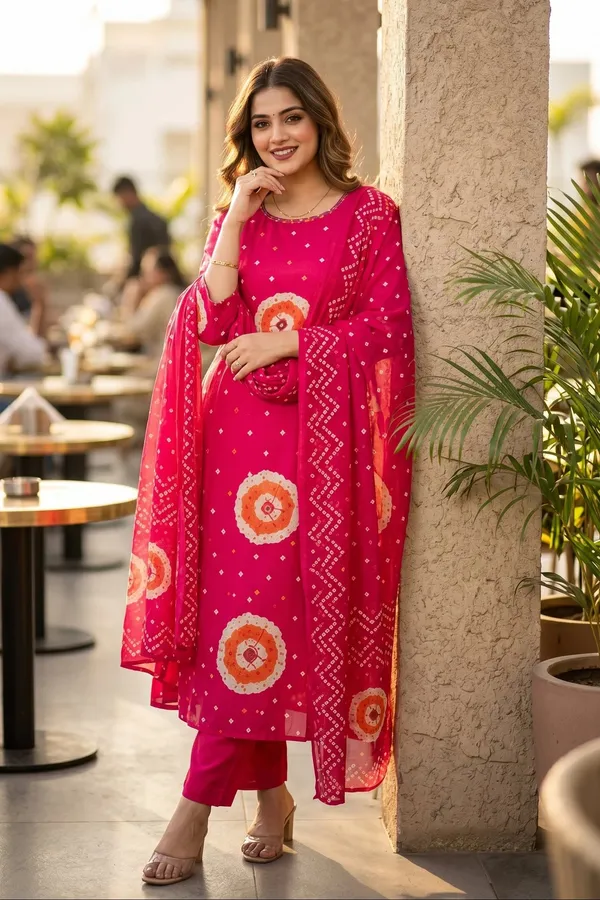 Magenta_Bandhani_Print_Straight_Fit_Cotton_Kurti_Pant_with_Dupatta