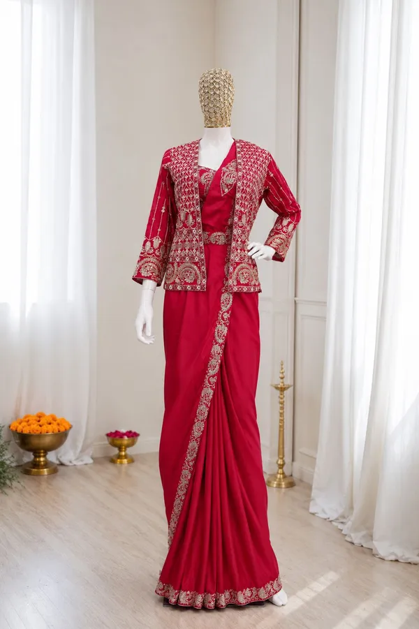 Premium_Ready-to-Wear_Rani_Pink_Saree_with_Jacket_&_Blouse