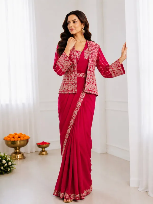 Premium_Ready-to-Wear_Rani_Pink_Saree_with_Jacket_&_Blouse