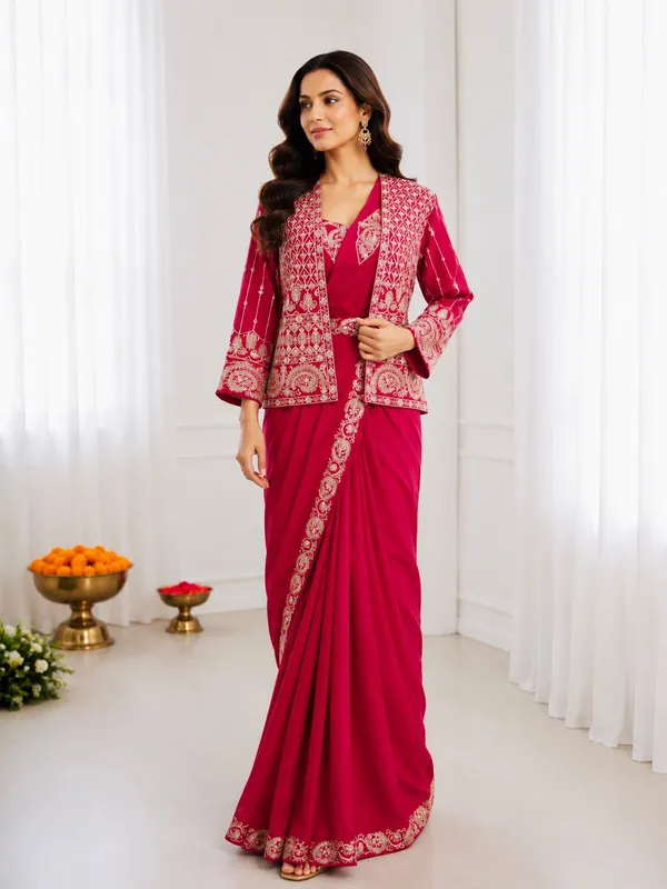 Premium_Ready-to-Wear_Rani_Pink_Saree_with_Jacket_&_Blouse