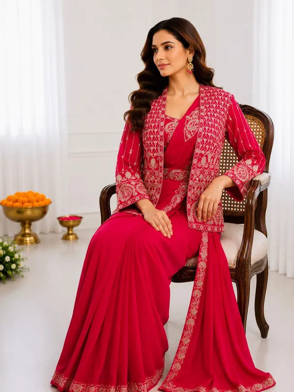 Premium_Ready-to-Wear_Rani_Pink_Saree_with_Jacket_&_Blouse