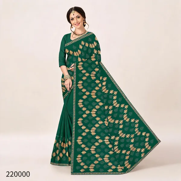 Green_Shimmer_Foil_Print_Embroidered_Border_Saree_For_Women