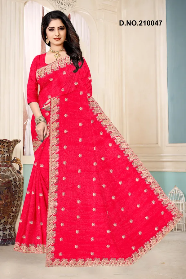 Red_Shimmer_Embroidered_Border_Saree_For_Women