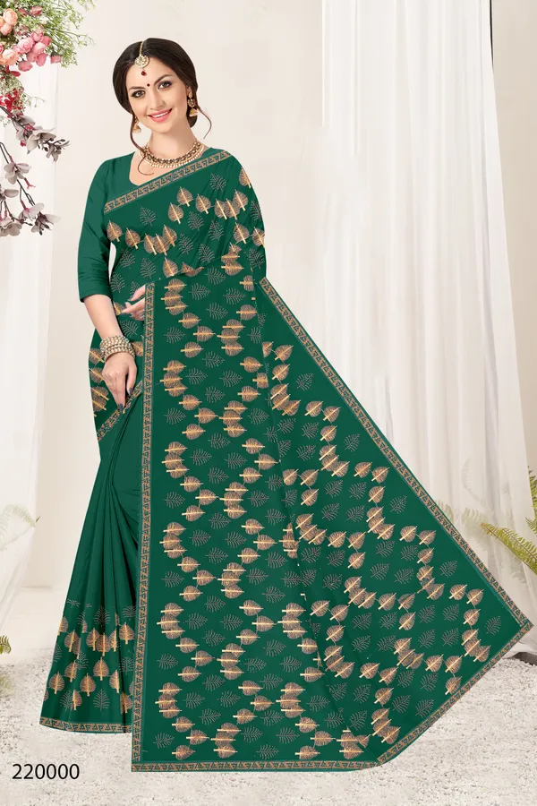 Green_Shimmer_Foil_Print_Embroidered_Border_Saree_For_Women