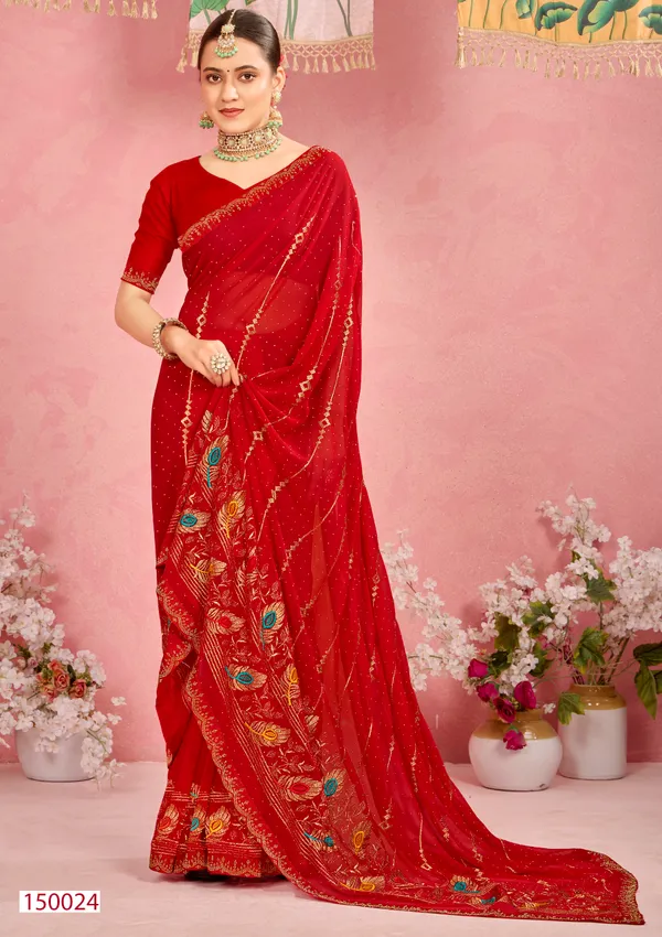 Red_Georgette_Embroidered_Peacock_Motif_Saree_For_Women