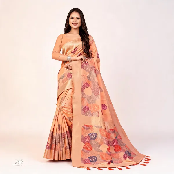 Peach_Heavy_Cotton_Floral_Print_Woven_Pallu_Saree_For_Women