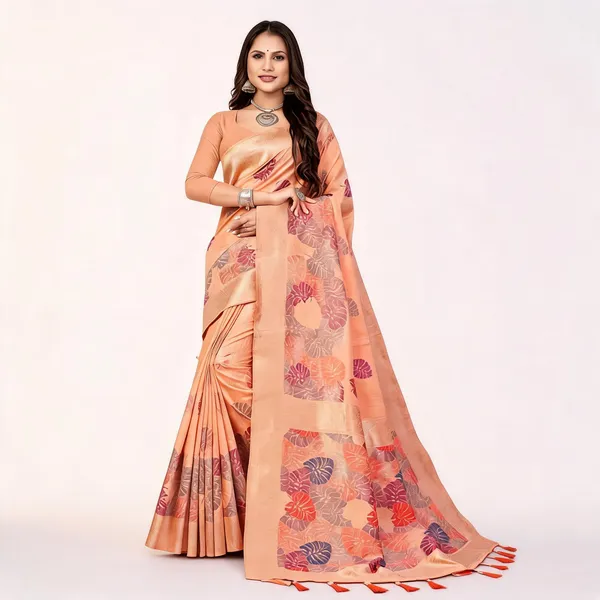 Peach_Heavy_Cotton_Floral_Print_Woven_Pallu_Saree_For_Women