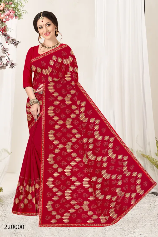 Red_Shimmer_Printed_Golden_Leaf_Motif_Saree_For_Women