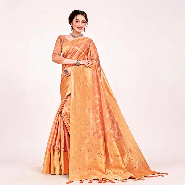 Peach_Organza_Silk_Woven_Zari_Border_Saree_For_Women