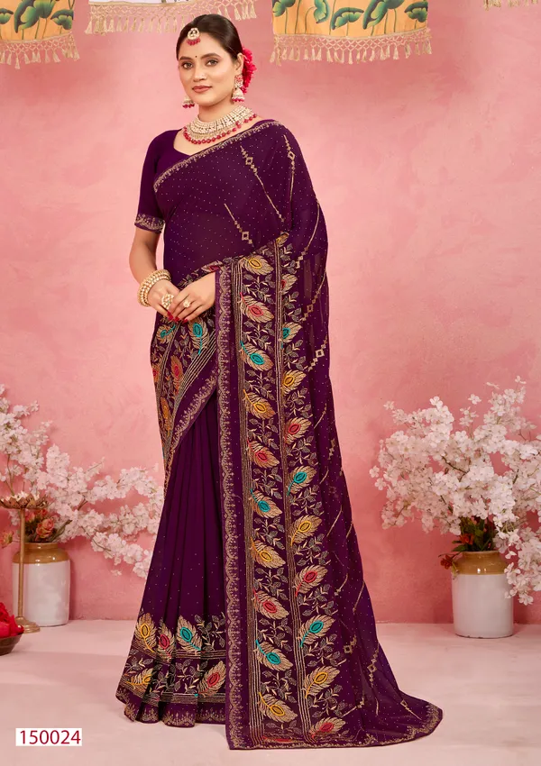 Purple_Georgette_Embroidered_Peacock_Border_Saree_For_Women