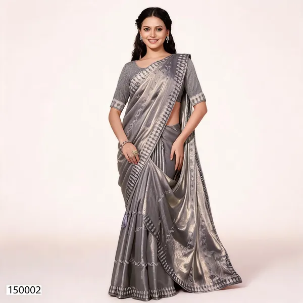 Grey_Metallic_Shimmer_Woven_Border_Saree_With_Blouse