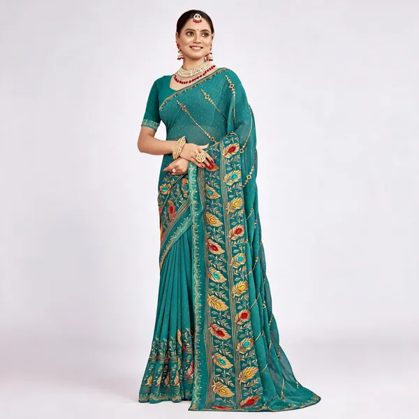 Teal_Georgette_Embroidered_Border_Ethnic_Saree_For_Women
