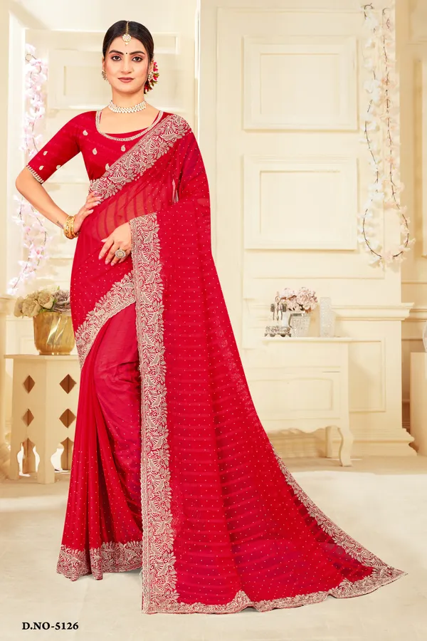 Red_Georgette_Embroidered_Border_Saree_With_Blouse