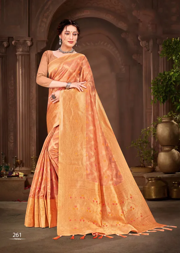 Peach_Organza_Silk_Woven_Zari_Border_Saree_For_Women