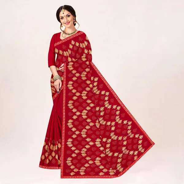 Red_Shimmer_Printed_Golden_Leaf_Motif_Saree_For_Women