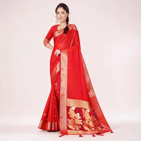 Red_Soft_Cotton_Woven_Border_Ethnic_Saree_For_Women