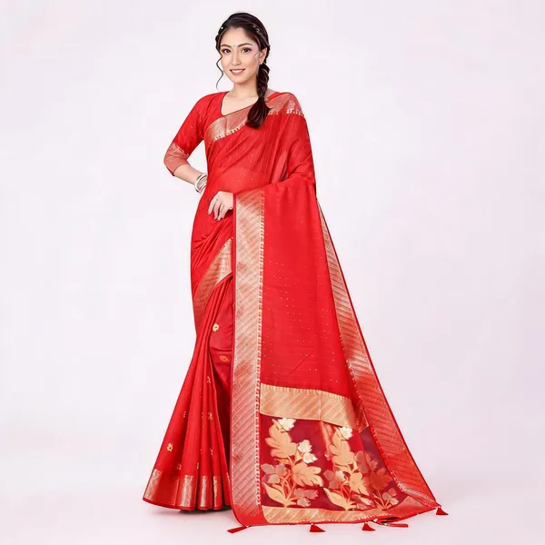 Red_Soft_Cotton_Woven_Border_Ethnic_Saree_For_Women