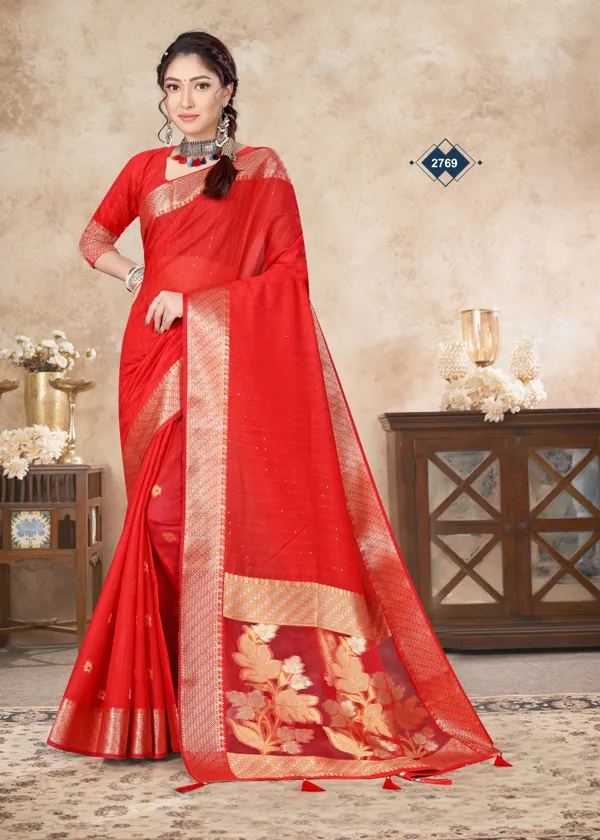 Red_Soft_Cotton_Woven_Border_Ethnic_Saree_For_Women