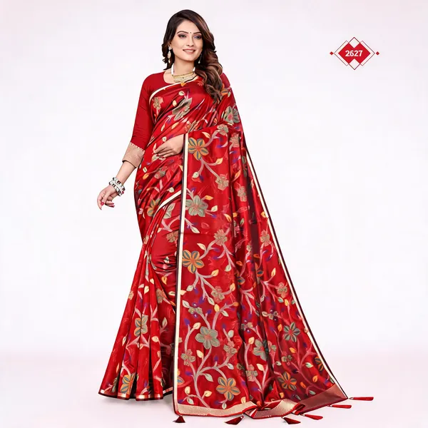 Red_Cotton_Floral_Woven_Zari_Border_Saree_For_Women