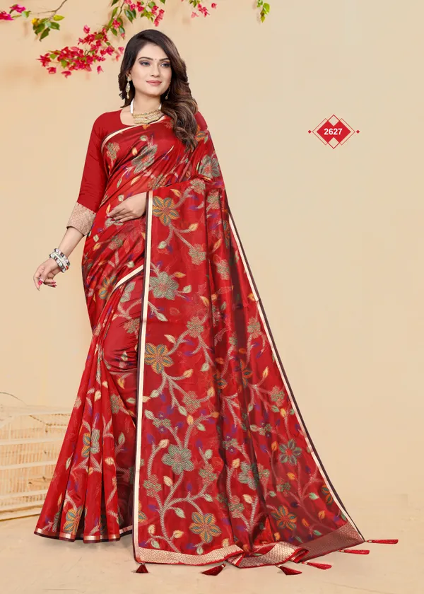 Red_Cotton_Floral_Woven_Zari_Border_Saree_For_Women