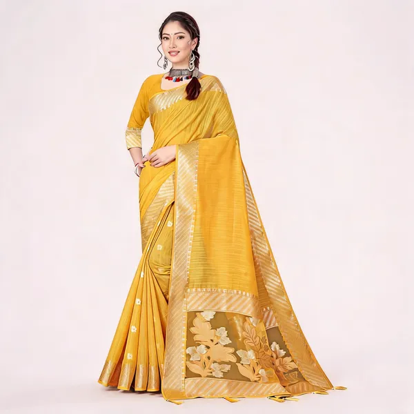 Yellow_Cotton_Zari_Border_Floral_Pallu_Saree_For_Women