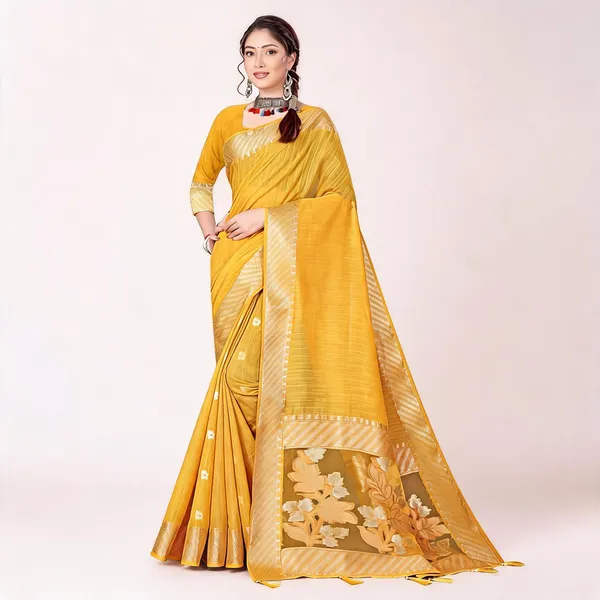 Yellow_Cotton_Zari_Border_Floral_Pallu_Saree_For_Women