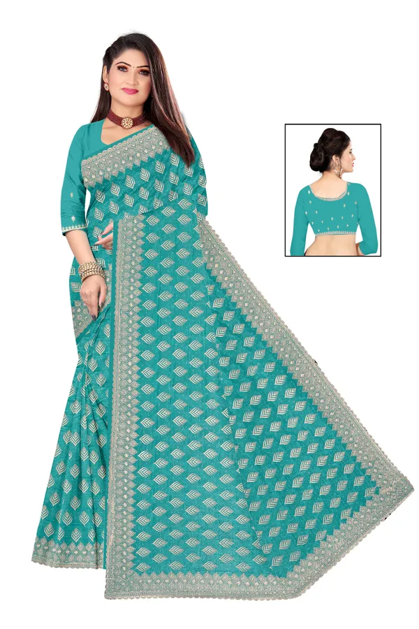 Teal_Georgette_Heavy_Embroidered_Butta_Border_Saree_For_Women