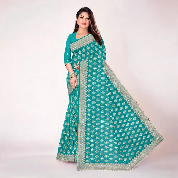 Teal_Georgette_Heavy_Embroidered_Butta_Border_Saree_For_Women
