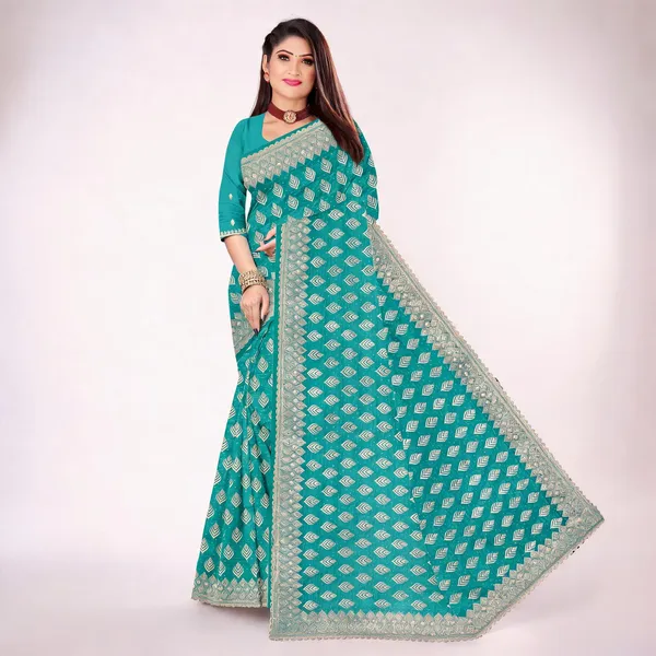 Teal_Georgette_Heavy_Embroidered_Butta_Border_Saree_For_Women