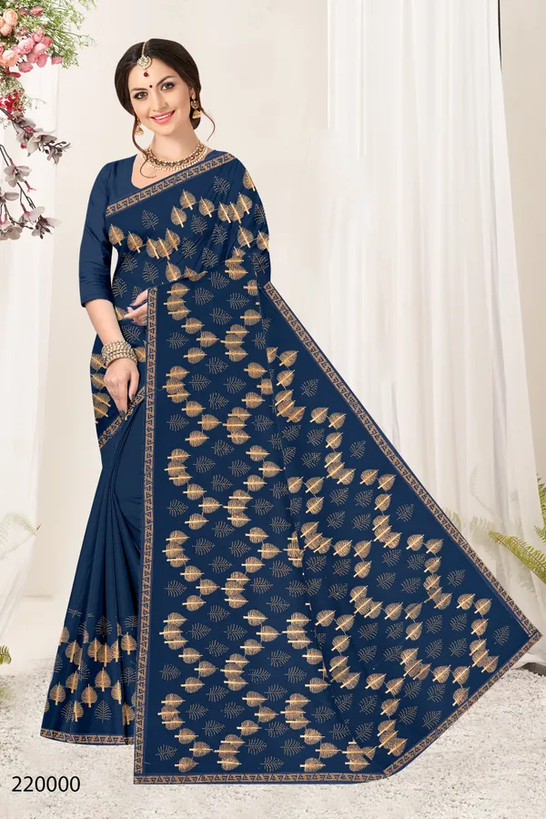 Navy_Blue_Shimmer_Golden_Leaf_Motif_Printed_Saree_For_Women
