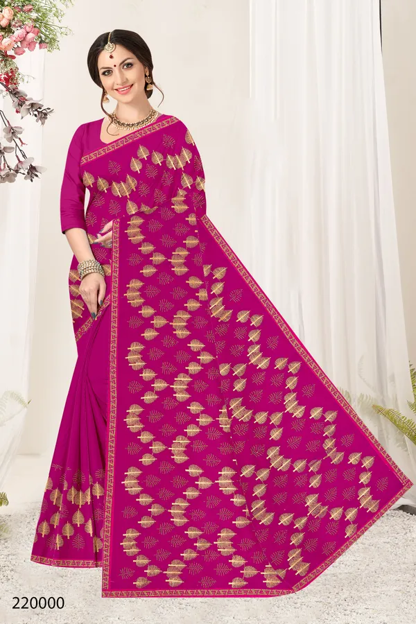 Magenta_Shimmer_Golden_Leaf_Print_Saree_For_Women