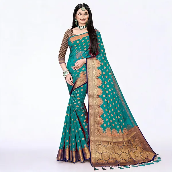 Teal_Organza_Silk_Zari_Woven_Banarasi_Saree_For_Women