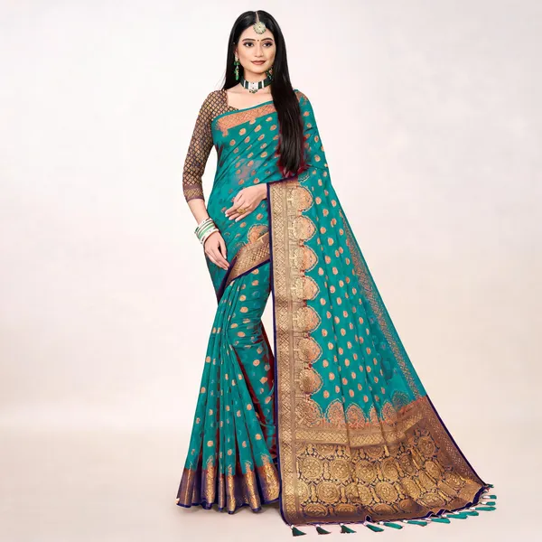 Teal_Organza_Silk_Zari_Woven_Banarasi_Saree_For_Women