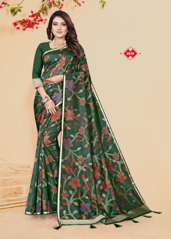 Green_Cotton_Floral_Print_Woven_Border_Saree_For_Women