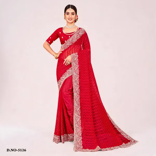 Red_Georgette_Embroidered_Border_Saree_With_Blouse